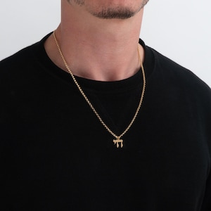 May include: A gold-colored necklace with a pendant in the shape of the Hebrew letter "Chai" is displayed. The necklace is worn against a black shirt. The pendant is small and detailed, and the chain has a delicate, textured design.