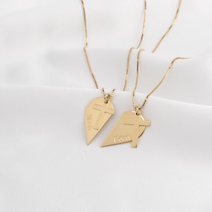 Matching Half Heart Necklace with Cross for Couples • Personalized Name Pendant • Custom Engraved Split Heart Necklace for Him and Her