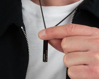 Black 3D Bar Name Necklace for Men • Custom Engraved Pendant • Personalized Jewelry