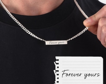 Handwriting Bar Necklace for Men on Cuban 120 Chain • Custom Engraved Signature Pendant
