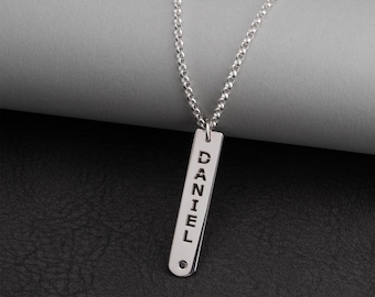 Men’s Name Bar Necklace with Black Stone • Custom Engraved Pendant • Personalized Jewelry