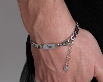 Men’s Silver Curb Bracelet with Engraved Tag • Custom Name Bracelet • Personalized Jewelry