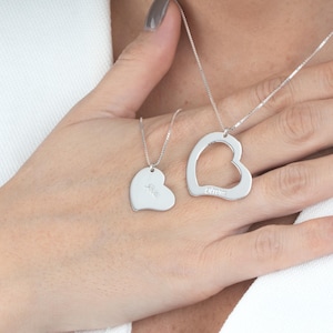 Sterling Silver Mother Daughter Heart Necklace Set - Personalized Mom Gift