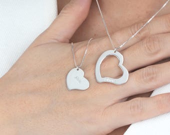 Sterling Silver Mother Daughter Heart Necklace Set - Personalized Mom Gift