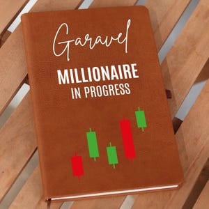 Pode incluir: Diário de couro marrom com o texto "Garavel Milionário em Progresso" e um gráfico estilizado de padrões de velas verdes e vermelhas.