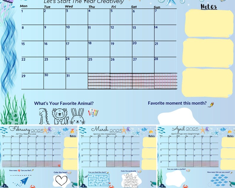 Printable Oceaan Adventure 2025 Kids Calendar With Activities Digital