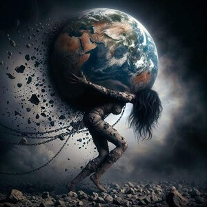 Puede incluir: Obra de arte digital que representa una figura cargando la Tierra. La figura, con largo cabello oscuro, lucha bajo el peso del globo, rodeada de escombros y cadenas. La paleta de colores es oscura, con tonos marrones, grises y azules.