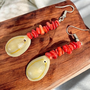 Cowrie Shell Earrings: Natural Seashell & Red Coral Jewelry