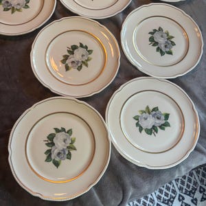 Könnte beinhalten: Eine Sammlung cremefarbener Keramikplatten mit goldenem Rand und einem floralen Rosendesign in der Mitte. Die Rosen sind weiß und hellblau mit grünen Blättern. Die Teller haben einen gewellten Rand.