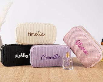 Corduroy personalized makeup bag custom embroidered zipper pouch bridesmaid gift bridal shower favor birthday gift for her travel