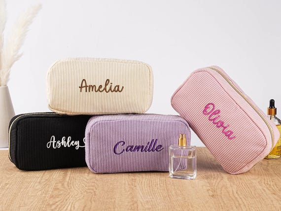 Corduroy personalized makeup bag custom embroidered zipper pouch bridesmaid gift bridal shower favor birthday gift for her travel