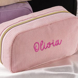 Personalized embroidered makeup bag corduroy cosmetic pouch personalized bridesmaid favor bridal party gift travel toiletry organizer