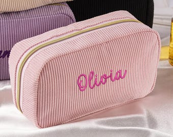 Personalized embroidered makeup bag corduroy cosmetic pouch personalized bridesmaid favor bridal party gift travel toiletry organizer