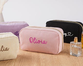 Personalized makeup bag custom toiletry bag embroidered name corduroy pouch bridesmaid gift wedding party favor travel organizer wedding