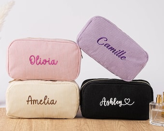 Borsa per cosmetici personalizzata con nome, in velluto a coste ricamato, pochette da toilette, regalo per damigella d'onore, bomboniera per addio al nubilato, organizer da viaggio per trucco da donna