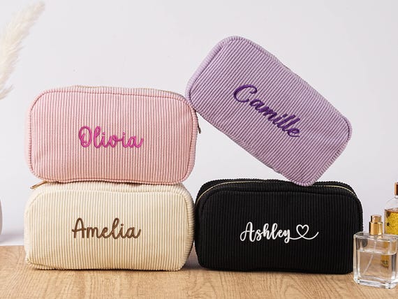 Custom name cosmetic bag corduroy embroidered toiletry pouch maid of honor gift bachelorette favor womens travel makeup organizer