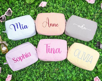 Personalized Seersucker Makeup Bag Custom Embroidered Toiletry Pouch Bridesmaid Gift Travel Cosmetic Bag for Her Organizer