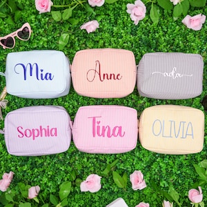 Custom Name Makeup Bag Seersucker Cosmetic Pouch Embroidered Toiletry Bag Bridesmaid Gift for Her Bridal Shower Travel Size
