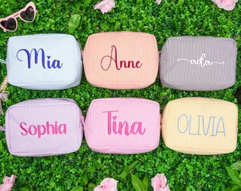 Custom Name Makeup Bag Seersucker Cosmetic Pouch Embroidered Toiletry Bag Bridesmaid Gift for Her Bridal Shower Travel Size