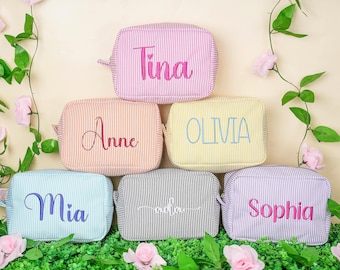 Monogrammed Seersucker Cosmetic Bag Personalized Travel Makeup Bag Custom Toiletry Organizer Bridesmaid Gift for Her Wedding