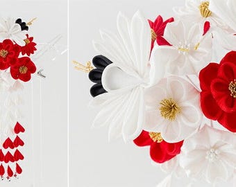 Meoto Tsuru Crane Kanzashi Set, Bridal Silk Flower Hair Ornament, Tsumami Zaiku, Shiromuku or Red-White, Paulownia Box, Kyoto