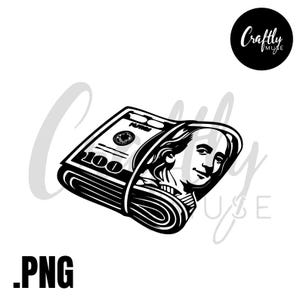 Puede incluir: Ilustración en blanco y negro de un fajo de billetes de cien dólares. Los billetes están bien atados, con el retrato de Benjamin Franklin visible en el billete superior. La imagen incluye el texto ".PNG" en la parte inferior.