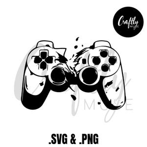 May include: A monochrome graphic depicting a broken games controller. The controller is split, with splatters and the text ".SVG & .PNG" at the bottom. A black circle with "Craftly Muse" is in the upper right corner.