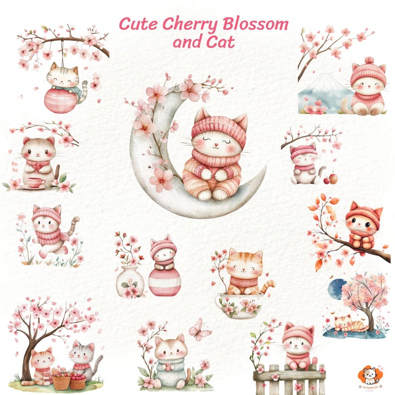 Cute Cherry Blossom and Cat Watercolor Clipart Set – Adorable Floral ...
