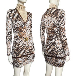 Vintage Roberto Cavalli Designer Animal Print Gold Rollkragen Langärmeliges Kurzes Kleid Runway Archive Statement