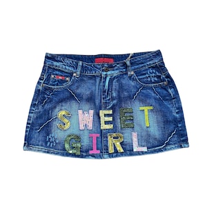 Insane Vintage Y2K Denim Sequins “Sweet Girl” Colourful Statement Miniskirt Rare Archive