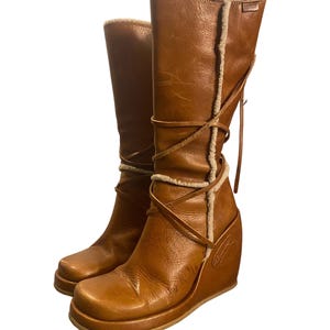 Y2K Destroy Light Brown Tan High Platform Wedge Heel Leather Chunky Calf High Boots Size EU 38 Uk 5 Boho 70’s Style