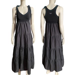 Cop Copine Vintage Designer Francês 90&#39;s Longo Preto Neutro Vestido Maxi em Camadas Gorpcore Streetwear Distópico Arquivo Moda
