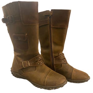 Y2K Moto Brown Leather with Pockets Belted Cargo Archive Calf High Boots Size EU 39 Uk 6
