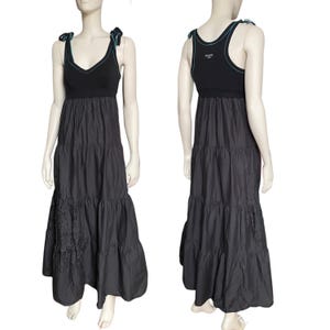 Cop Copine Vintage Designer Francês 90&#39;s Longo Preto Neutro Vestido Maxi em Camadas Gorpcore Streetwear Distópico Arquivo Moda