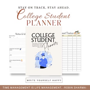 Peut inclure: Un planificateur pour étudiants universitaires avec un fond bleu clair et une illustration de dessin animé d'un étudiant. Le planificateur comprend des sections pour les notes, les rappels importants, les idées et le remue-méninges, ainsi qu'un suivi des devoirs. Le texte "College Student Planner" est en grande police, en gras. Le texte "Success is where preparation and opportunity meet" est en police plus petite. Le texte "Write Yourself Happy" est en bas de la page. Le texte "Time Management is Life Management - Robin Sharma" est en bas de la page.