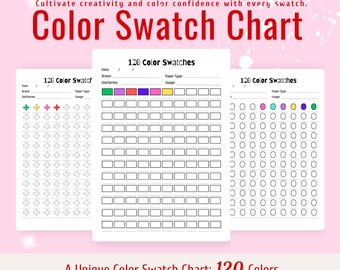May include: A printable color swatch chart with 120 color swatches. The chart is divided into three sections, each with a different design. The first section has a plus sign design, the second section has a square design, and the third section has a circle design. The chart is labeled "120 Color Swatches".