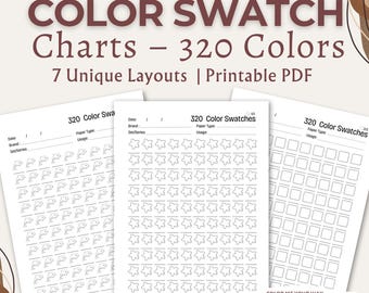 May include: Color swatch charts with 320 colors and 7 unique layouts. The printable PDF includes three different color swatch templates with dolphin, star, and square shapes. The text on the image says "Color Swatch Charts - 320 Colors".