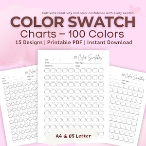 Tabela de Amostras de Cores para Impressão – Organizador de Arte de 15 Páginas (A4 e PDF US Letter) para Canetas, Tintas e Marcadores