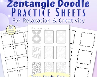 Zentangle Doodle Practice Sheets: 25 Printable Relaxation Templates (PDF Download US Letter Size)