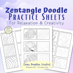 Puede incluir: Hojas de práctica de garabatos Zentangle imprimibles para la relajación y la creatividad. Las hojas presentan 20 plantillas imprimibles con varios diseños, incluyendo conchas y hojas. El texto dice "Draw. Breathe. Unwind."