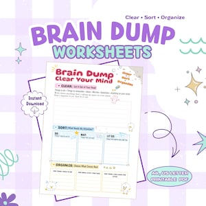 Puede incluir: Una hoja de trabajo imprimible para vaciar la mente con secciones para clasificar y organizar pensamientos. El documento incluye encabezados, áreas de escritura con líneas e ilustraciones de dibujos animados. Disponible como descarga instantánea en tamaños A4 y US Letter, sobre un fondo a cuadros de color violeta claro con estrellas y garabatos decorativos.