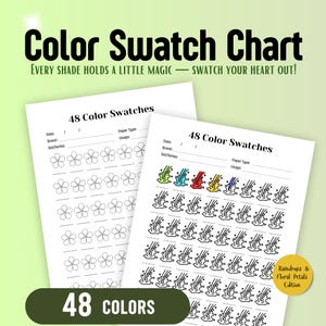 May include: Two printable colour swatch charts with 48 blank spaces for colour swatches. The first chart features a flower design and the second chart features a raindrop design. The text "48 Color Swatches" and "48 Colors" is included on the charts. The text "Raindrops & Floral Petals Edition" is included on the second chart.