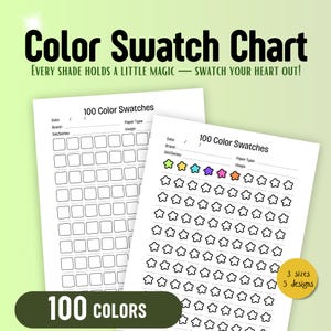 Conjunto de Tabelas de Amostras com 100 Cores | Folhas de Amostras Minimalistas para Impressão em PDF | Manchas Arredondadas, Corações, Estrelas, Nuvens e Cristais | A4, A5, Carta EUA