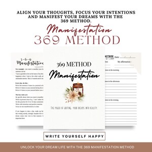 Peut inclure: Une feuille de travail imprimable pour la méthode de manifestation 369. La feuille de travail a un fond blanc avec du texte brun et une illustration aquarelle d'une bougie avec une poinsettia. Le texte comprend les phrases "Méthode de manifestation 369" et "Le pouvoir d'écrire vos rêves dans la réalité".