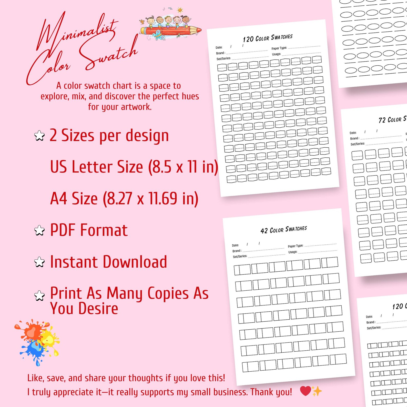 Cute Color Swatch Chart – 42, 72, 120 Colors, Kawaii Blank Swatch ...