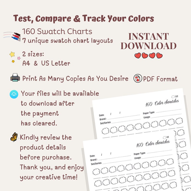 160 Color Swatch Chart Printable | Alcohol Marker Organizer for Copic ...