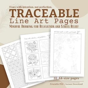 Puede incluir: Páginas de arte lineal trazables de tamaño A4 para dibujar con atención plena, con diseños florales y geométricos. La imagen incluye el texto "Traceable Line Art Pages" y las frases "Trace with intention, not perfection" y "Art that needs no skill - just breath."