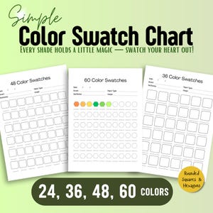 Tabla de muestras de color simple / 24, 36, 48 y 60 colores / Cuadrados y hexágonos redondeados / Conjunto de muestras imprimible en PDF / Herramienta para artistas estéticos