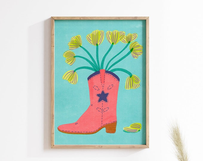 Cowboy Boot Art Print | Cowgirl Art | Colorful Western Art | Cowboy Vase Floral Art