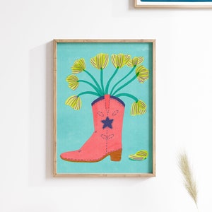 Cowboy Boot Vase Art Print: Colorful Western Floral Giclée